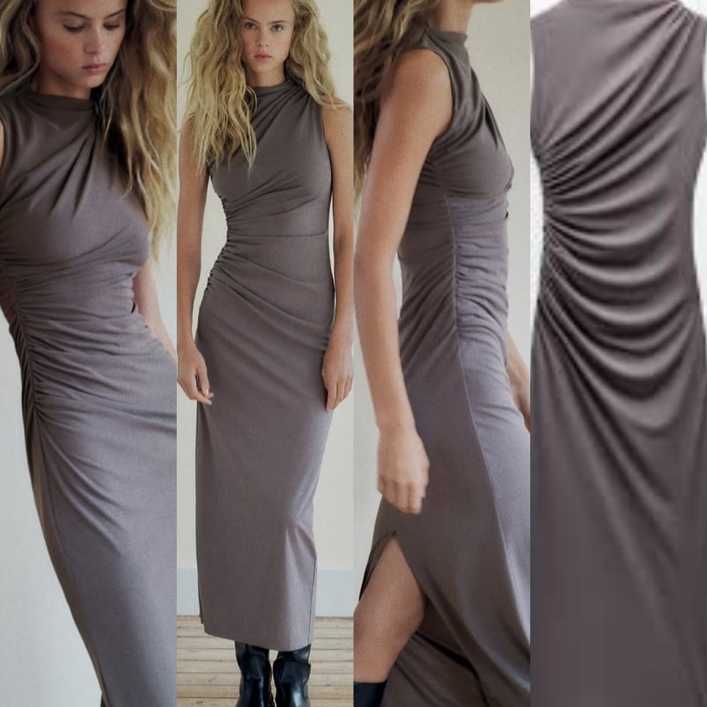 Zara Charcoal/Gray Mock Neck Ruched Draped Maxi Dress - size Large